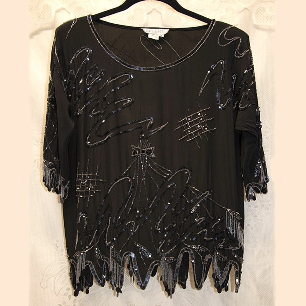 Vintage 1980s Argenti Black Sequined Top